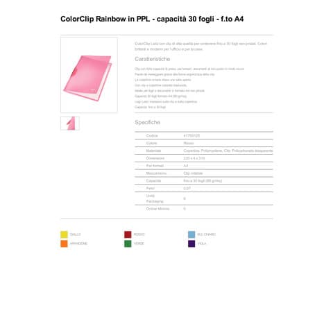 Cartelline di archiviazione con clip max 30 fogli Leitz COLOR CLIP Rainbow in PPL A4 rosso - 41760125